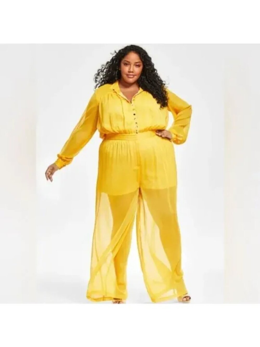 Nina Parker Trendy Plus Size Button-Front Jumpsuit, Sunrise Yellow, SZ. 18W